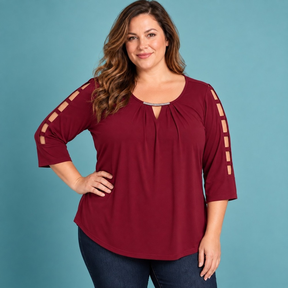Love Scarlett Burgundy Ladder Sleeve Top Women's 2X Plus Trendy Gothic Glam Edgy